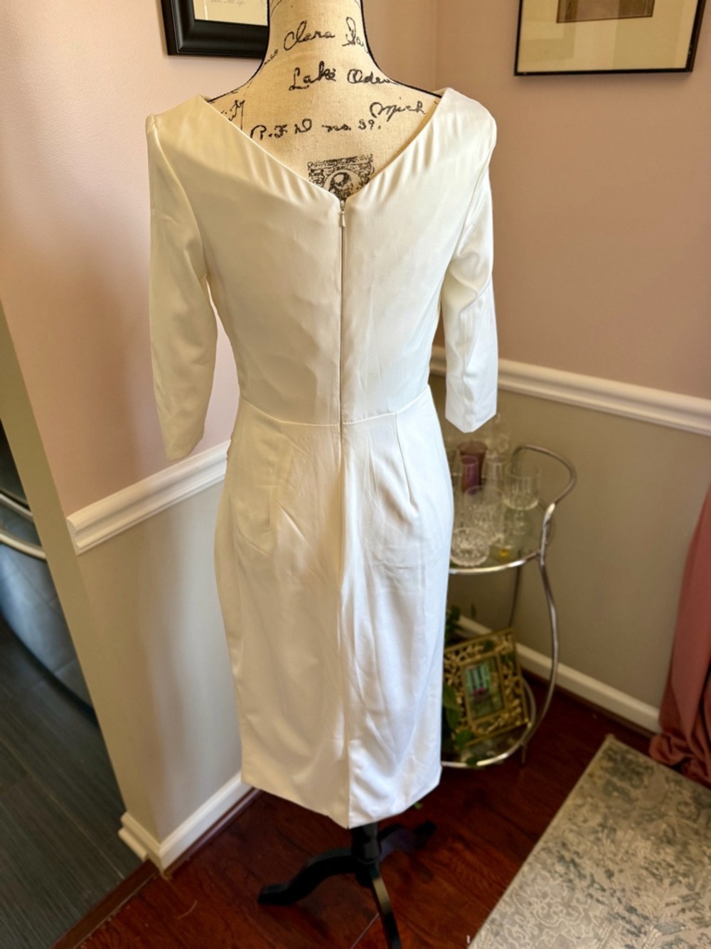 Ivory Sheath Midi Dress Draped V Neck 3/4 Sleeve Bridal Bridgerton S - Picture 4 of 6